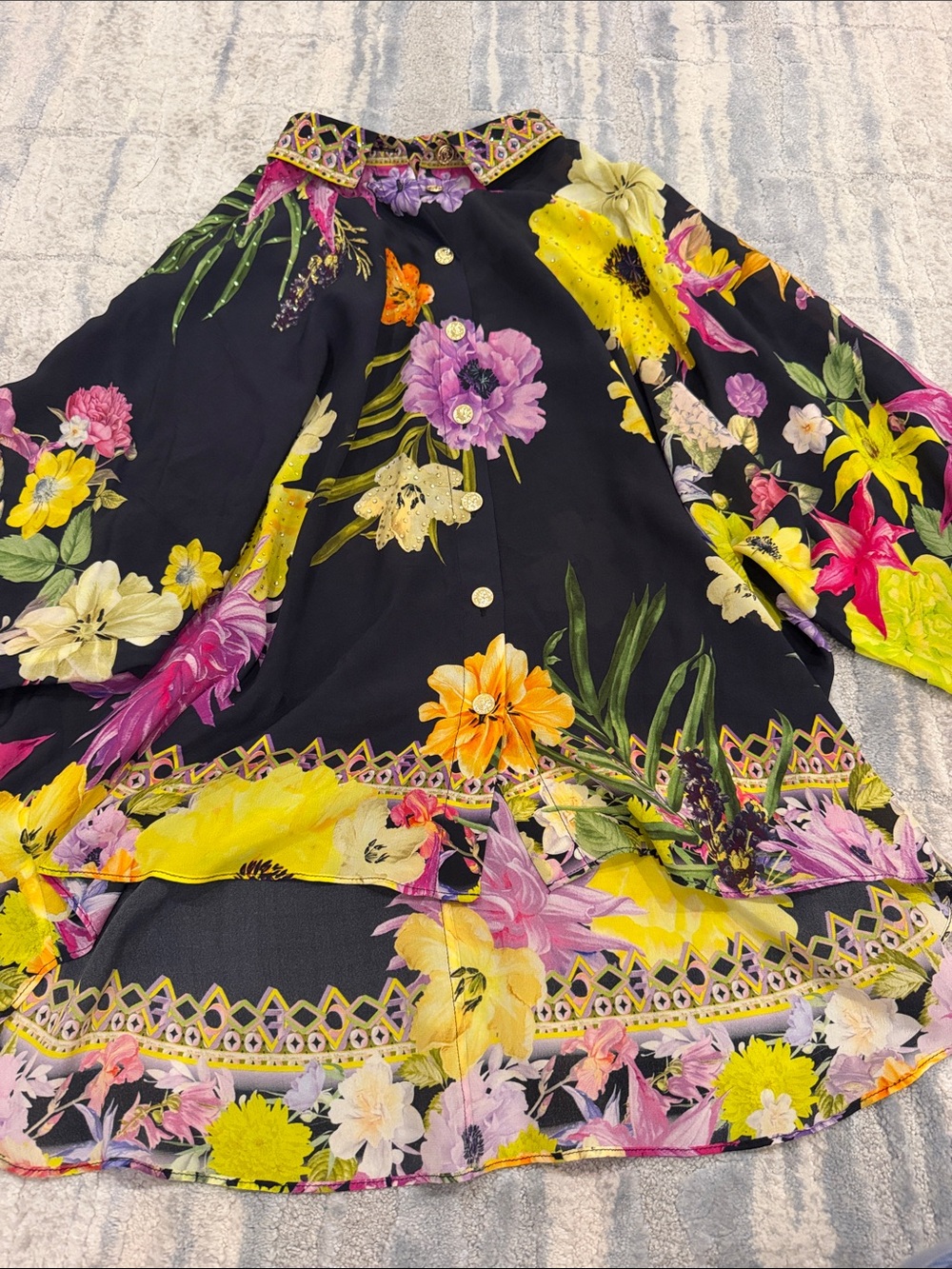 Camilla blue Floral Button-Up Blouse with Yellow, Pink & Purple Accents - Picture 4 of 7